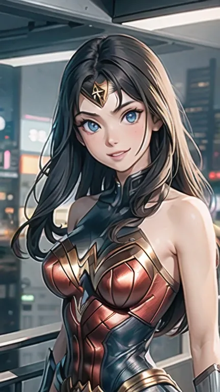 masterpiece, best quality, half body, portrait, night city, 1girl, anime, 3D, Japan, pixar, realistic, teen girl, long hair, black hair, smiling, cute face, wonder woman , camisa, beautiful, colourful, neon lights, cyberpunk, smooth skin, illustration, art...