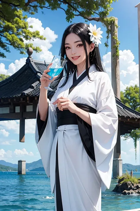 Smiling beautiful woman with black hair and white kimono drinking water under the blue sky