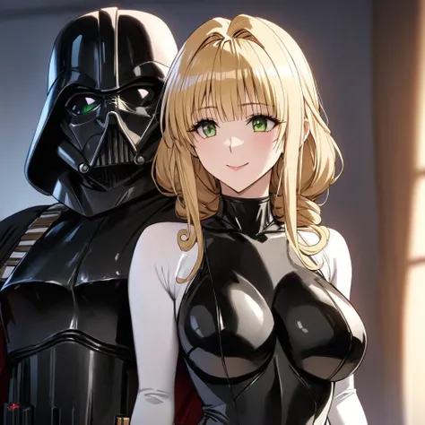 ((Highest quality)), ((masterpiece)), (detailed), （Perfect Face）、The woman is a Stormtrooper named Tiare, with green eyes, medium blonde hair, and a Princess Leia hairstyle. She is wearing a gorgeous black Stormtrooper bodysuit with gold patterns and trim,...