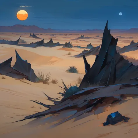 old west, desert, horizon, blue night , from far, oil paint,(only blue and black color palette), giant glass shards in sand, spi...