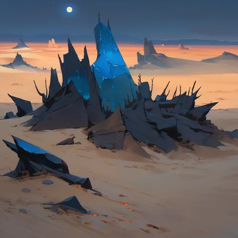 Old West, Desert, horizon, blue Night , from far, Oil paint,(only blue and black color palette), Giant glass shards in sand, spiky glass structures, massive giant worm crawling in the dunes, sand dunes, dune, worm, darkness, Scary, moon, Too dark, dimly li...