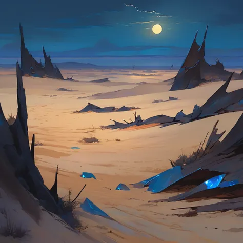 Old West, Desert, horizon, blue Night , from far, Oil paint,(only blue and black color palette), Giant glass shards in sand, spiky glass structures, massive giant worm crawling in the dunes, sand dunes, dune, worm, darkness, Scary, moon, Too dark, dimly li...