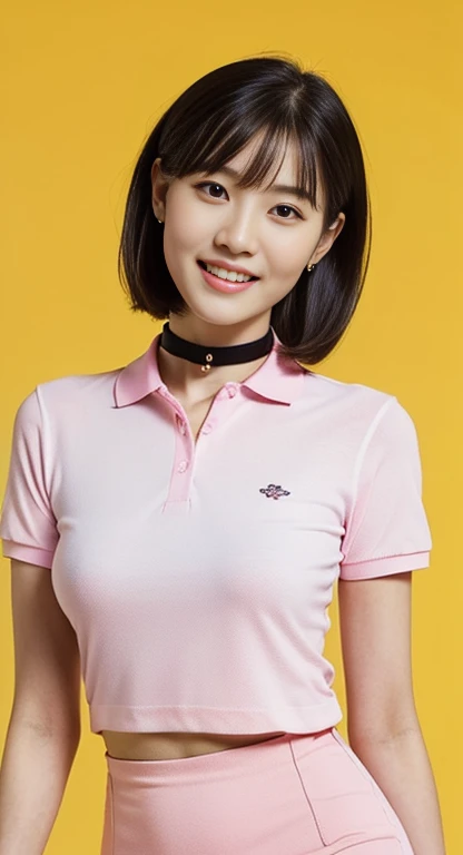 (A Gorgeous American-Chinese Lady, age 25, Tight Thin White Polo-Shirt & Pink Pencil Skirt, BlackPink Choker, sexy pose, dimpled smile, short_bob_hair_side_bangs, cute snaggletooth, well-endowed round bosom, photorealistic, beautiful detailed eyes, hyper-r...