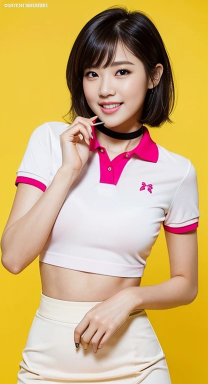 (A Gorgeous American-Chinese Lady, age 25, Tight Thin White Polo-Shirt & Pink Pencil Skirt, BlackPink Choker, sexy pose, dimpled smile, short_bob_hair_side_bangs, cute snaggletooth, well-endowed round bosom, photorealistic, beautiful detailed eyes, hyper-r...