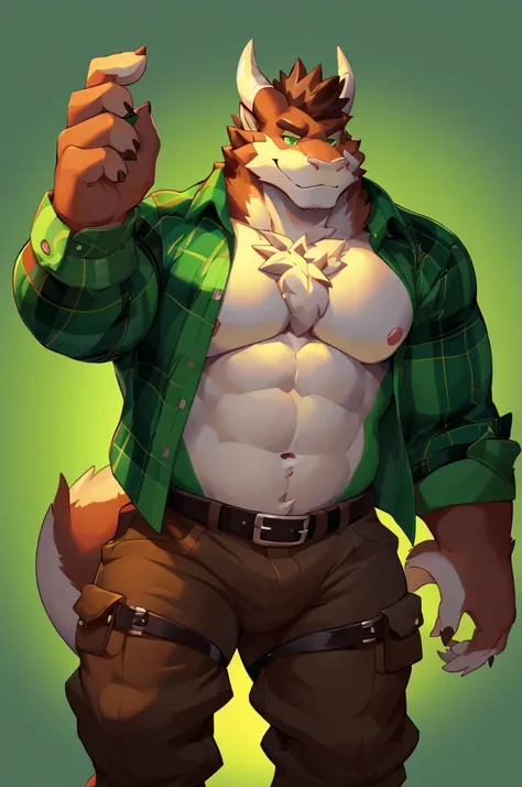 Pristine White fluffy fur dragon, Stocky thick body shape,  173 cm, green lumberjack shirt, The sleeves, rolled up to his elbows, Loose-Fitting dark brown pants,  brown leather chest belt strap; solid light pastel green background; in cartoon style