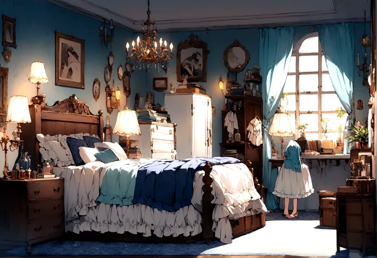 Highest quality、Masterpiece、Girl hobby room background、A cute light blue canopy bed、A chandelier with many lights、A cute white bookshelf with a few books、A cute white desk with a black treasure chest on it、A blue carpet with an intricate pattern、There was ...