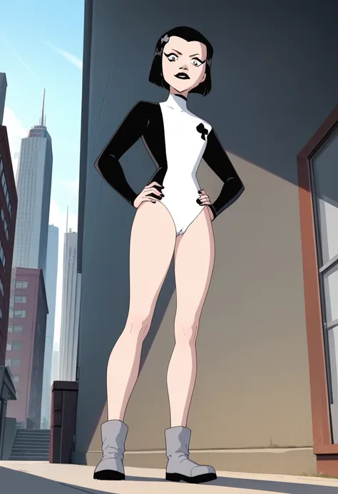 ace, 1girl, black hair, solo, white leotard, short hair, hairclip, black lipstick, long sleeves,full body, grey boots, bob cut,c...