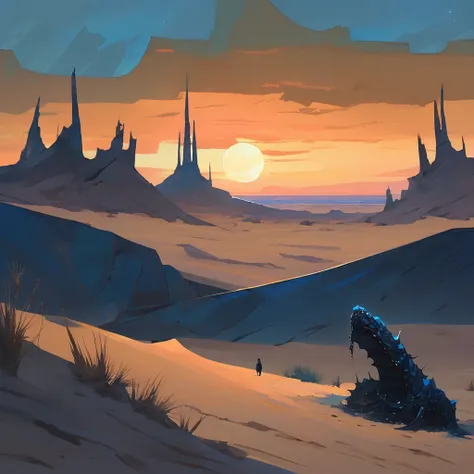 Old West, Desert, horizon, blue Night , from far, Oil paint,(only blue and black color palette), Giant glass shards in sand, spiky glass structures, massive giant worm crawling in the dunes, sand dunes, dune, worm, darkness, Scary, moon, Too dark, dimly li...