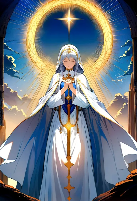 Apparition of Our Lady in Fátima, emphasizing the saint, with a serene and hopeful look, dressed in her white cloak adorned with golden details, standing on a cloud with an aura of radiant light around, background scenery with a clear blue sky, atmosphere ...