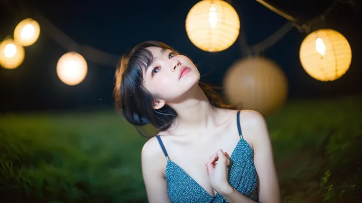 A very cute face like an idol、One 20-year-old woman with a youthful appearance、Gentle and cute、Cleavage、Beautiful starry sky、(Looking up at the night sky)、(((Textured skd, front lightindg, F/1.0mm, fujifilm G FUX50R, In Reg)))、((Dim lighting))、RAW Photos、G...