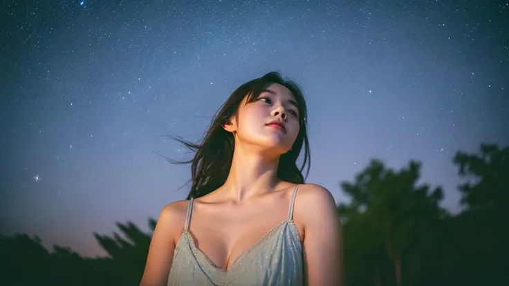 A very cute face like an idol、One 20-year-old woman with a youthful appearance、Gentle and cute、Cleavage、Beautiful starry sky、(Looking up at the night sky)、(((Textured skd, front lightindg, F/1.0mm, fujifilm G FUX50R, In Reg)))、((Dim lighting))、RAW Photos、G...