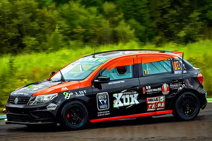 Race car, running on a track, black and orange