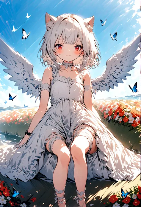 cute loli, cat girl, spread legs, white hair, white dress, red eyes, bare feet, bare legs, wings, angel, innocent, thigh strap, ...