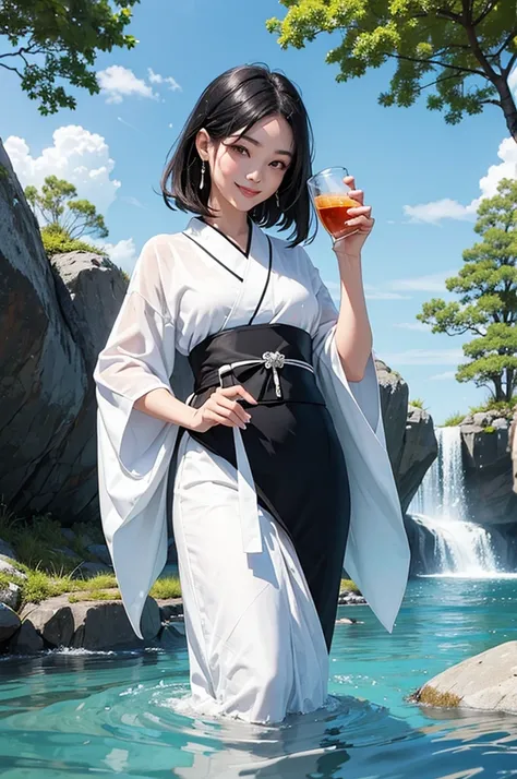 Smiling beautiful woman with black hair and white kimono drinking water under the blue sky