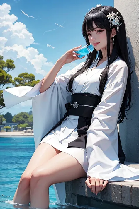 Smiling beautiful woman with black hair and white kimono drinking water under the blue sky