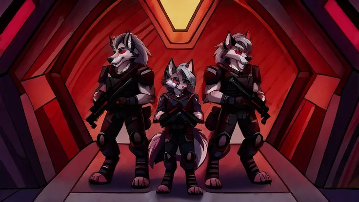 (masterpiece, best quality:1.2), troops of Vortex male hellhounds, a couple of male bodyguards, wolves, furry, helluva boss, hypnotized with glowing purple eyes, angry serious face, wearing futuristic armor, using a Pulse Rifle, Energy Rifle, Futuristic as...