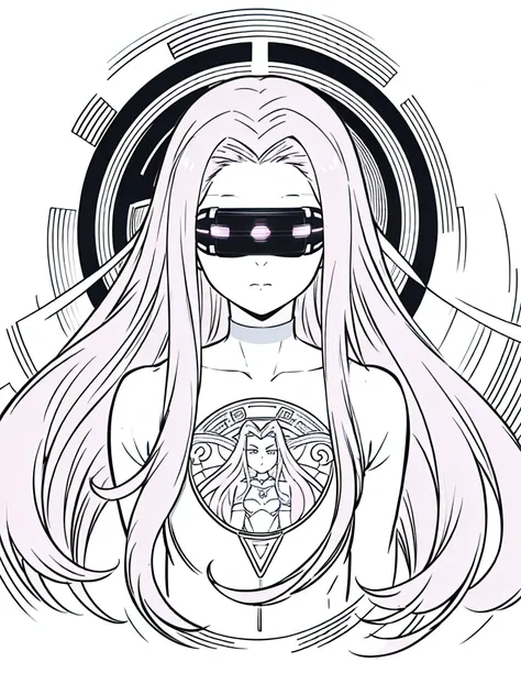 (1girl,20 years old,solo,adult),pink hair,long hair,(medusa hair),serious,black bodysuit,(white background,line drawing),head-mounted display,portrait