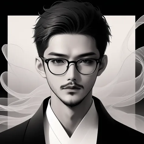 an Asian man with stubble, short beard, short mustache, Beard scum, slightly curly hair, and black square plastic-framed glasses，unique，portrait，artistic conception，abstract，black and white