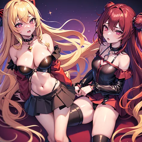 Hentai of young woman with long, wavy, light brown hair with long red gradient locks, golden iris with red gradient in eyes, lilac glitter eyelid shadow, peach lipstick, star-shaped pupils, black shirt with long sleeves, bare shoulders, short black skirt, ...