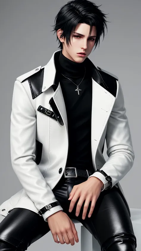 Final fantasy taste and reality graphics, Japanese young cute and cool ikemen  boy, his age is early 20s, thin eyebrows and beady eyes,  he wearing off white color leather  thick material jacket, jacket is singlebrest, biker style jacket, with epaulet, jac...