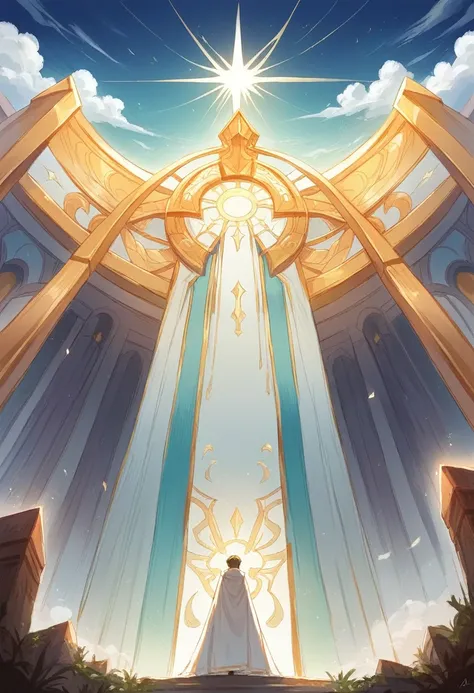 Apparition of Our Lady in Fátima, emphasizing the saint, with a serene and hopeful look, dressed in her white cloak adorned with golden details, standing on a cloud with an aura of radiant light around, background scenery with a clear blue sky, atmosphere ...