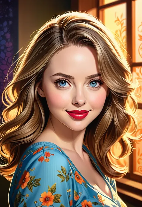 Create an illustrated, hand-drawn, full-color image of an 50 house wife. featuring warm lighting and shadows. Include graphite shading, stencil marks, and airbrushed acrylic paint effects. The image should be of the highest quality, a masterpiece with intr...