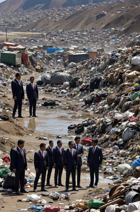 5 Peruvian people in suits in the middle of a garbage dump and mud