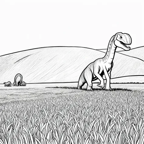 Drawling, simple drawling,dinosour,animated,white,no color,on a field,cartoon