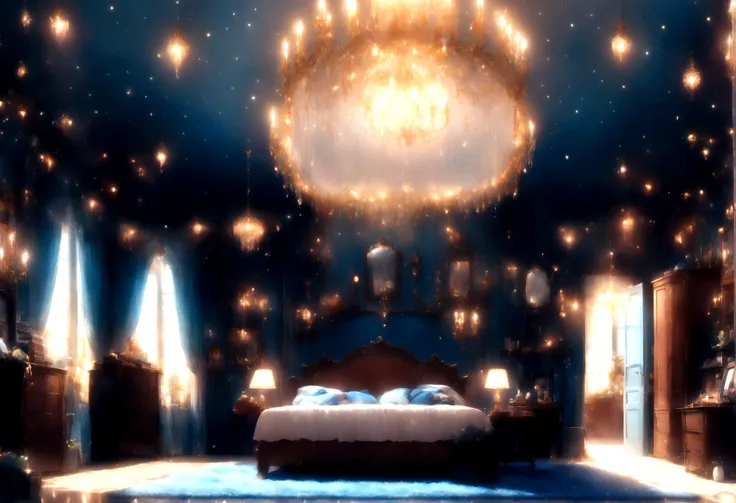 Highest quality、Masterpiece、Girl hobby room background、A cute light blue canopy bed、A chandelier with many lights、A cute white bookshelf with a few books、A cute white desk with a black treasure chest on it、A blue carpet with an intricate pattern、There was ...