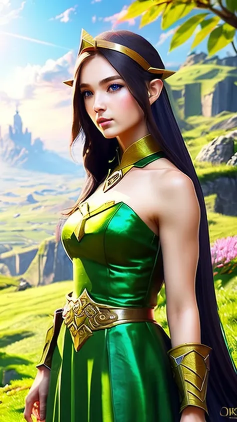 (a beautiful girl in the legend of zelda,1girl,green dress,long hair,detailed face,beautiful detailed eyes,beautiful detailed lips,extremely detailed eyes and face,longeyelashes,master sword,hyrule field,fantasy landscape,rolling hills,lush greenery,sunlig...