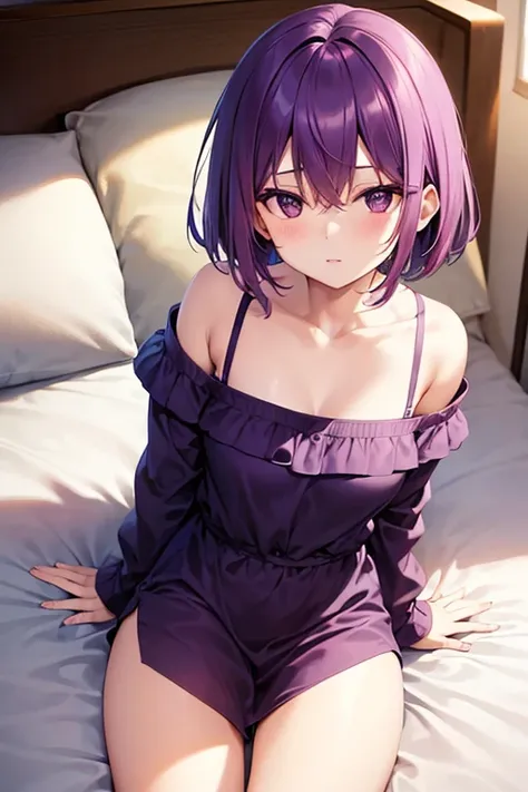 young woman, short shoulder length purple hair, revealing lens, bed, open legs 