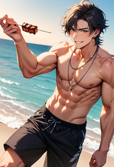 A young man, 22-years-old, solo, Caucasian, masculine face, muscular physique, shaggy tousled black hair, brown eyes, cheerful smile, mouth open, no shirt, shirtless, black swimming trunks, thin silver necklace, small silver earrings, beach, holding a skew...