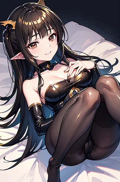 Highest quality　Highest quality　Draw a face carefully　High-definition anime-style face　Super Glowing Skin　Long black hair　Brown leotard　Golden pantyhose　Succubus　lure　smile　Prone　Lying down　Show the soles of your feet　Close up of the soles of the feet