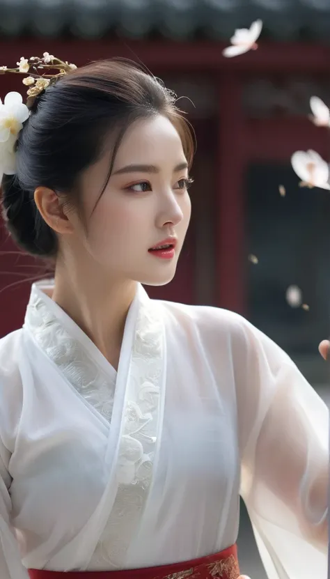 beautiful Korean woman, (((Mikamaria))), (motion blur:1.3), abnormally stunning beautiful face, black and white close-up,woman in intricate pure white hanbok dress, Flying in the air like a Chinese movie ,spinning frantically, translucent tingling air part...