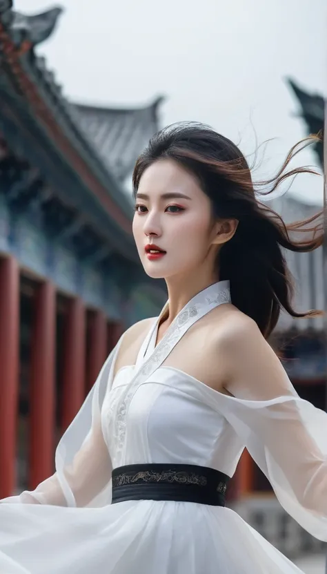 beautiful Korean woman, (((Mikamaria))), (motion blur:1.3), abnormally stunning beautiful face, black and white close-up,woman in intricate pure white hanbok dress, Flying in the air like a Chinese movie ,spinning frantically, translucent tingling air part...