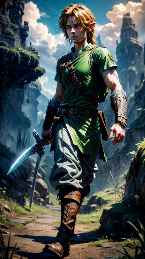 detailed digital art of link from the legend of zelda, highly detailed face and body, beautiful landscape environment, fantasy art style, cinematic lighting, vibrant colors, 8k, photorealistic, (best quality,4k,8k,highres,masterpiece:1.2),ultra-detailed,(r...