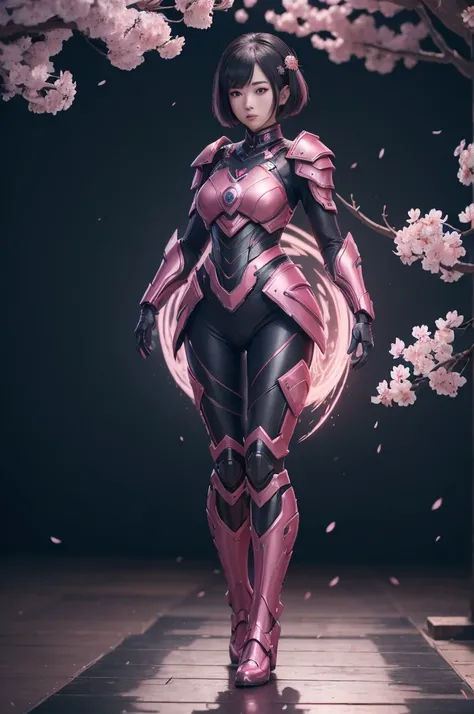 (((full body photo)))
beautiful japanese young woman, wearing ninja armor, thick symmetrical features, very short hair, background is cherry blossoms, pink aura, red lips, octane render,