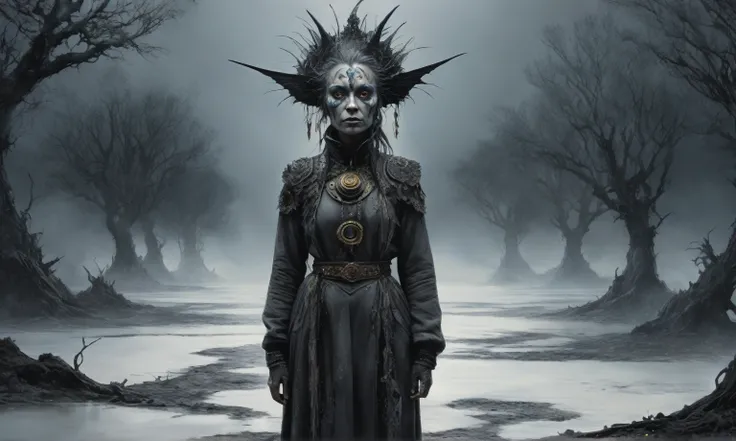 graphite old witch,ashes after the battle,battlefield,winter,intricate landscape,a shapeshifter, reptillian, scaleborn,slate grey atmosphere,glare eyes,film grain,dramatic light,woods,luminous eyes,extremely detailed, [night landscape],masterpiece,intricat...