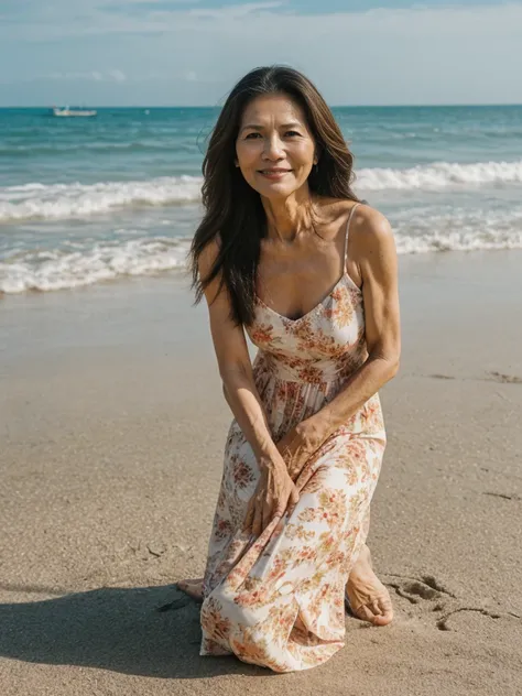 RAW PHOTO, her name is Dolores, high quality, 1 old woman, ((58-year-old slim filipina woman)), (((58 years old))), ((slim body)), ((wrinkled body)), (((old body))), (((long hair))), she is wearing a fashionable stylish Generation X flowy sundress, POSE: k...