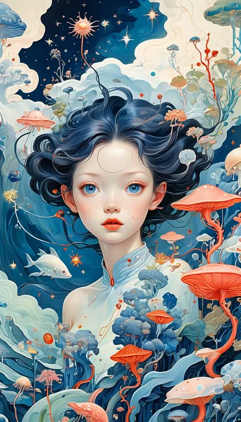 (((James Jean styles：1.5)))，microorganism、plant、Marine life、Exquisite eyes、Starry Sky，Stitching together an abstract painting，Describing the inner world of autistic people，3D spatial sense，White Space，interesting，Innocence，Psychedelic Art，Strong contrast b...