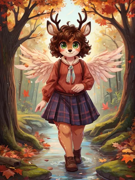 Cute, deer boy, small deer antlers, innocent, chubby, big thighs, androgynous, femboy, short curly hair, brown hair, fawn spots, freakles, ((cute)), smiling, walking in a Forrest, wearing cottage core outfit, cottage core outfit, , cute clothes, modest clo...