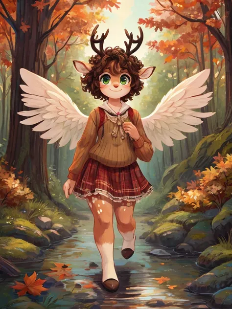 Cute, deer boy, small deer antlers, innocent, chubby, big thighs, androgynous, femboy, short curly hair, brown hair, fawn spots, freakles, ((cute)), smiling, walking in a Forrest, wearing cottage core outfit, cottage core outfit, , cute clothes, modest clo...