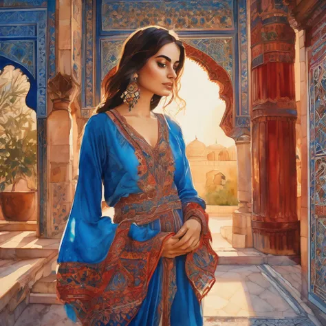 landscape captivating cinematic watercolor painting a persian girl dressed in blue silk, holding a bunch of red spice in her hands, looking to the camera, intrincated masterpiece, vivid colors, warm lighting, detailed persian architecture, intricate patter...