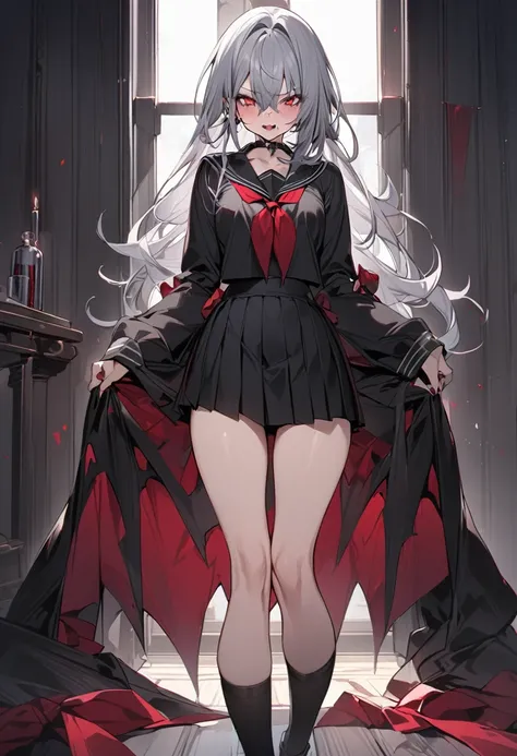 Black Sailor Suit、vampire、Black pleated skirt、whole body、Grey Hair, masterpiece