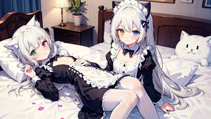 Maid costume，White pantyhose，White hair，Long hair，Cat ear，Heterochromia blue-yellow，Smile，Female face，There are bright spots in the eyes，Female hands，White little hands，Normal fingers，flat chest，2 people，in the room，Lying in bed，One of them lies on top of ...