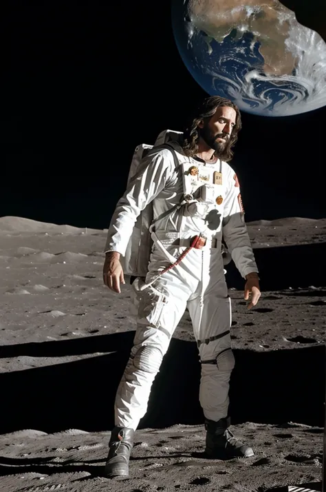 Jesus and a  standing on the moon looking at the face of the earth