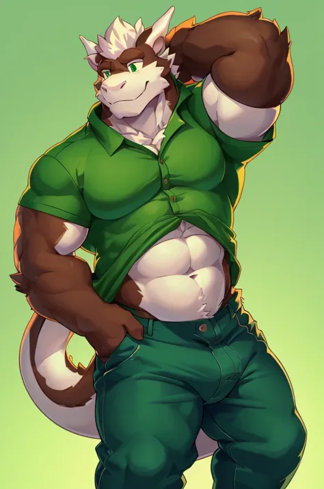 Pristine White fur dragon, Stocky thick body shape, 173 cm, green lumberjack shirt, The sleeves rolled up to his elbows, Loose-Fitting dark brown pants; solid light pastel green background; in cartoon style