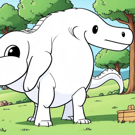 Drawling, simple drawling,dinosour,animated,white,no color,on a field,cartoon,for kids