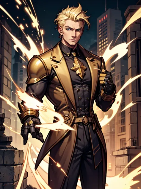 A man，Blonde hair，lightning，Standing，hapiness，agility，Handsome，Cool，Gold coat，domineering，HD