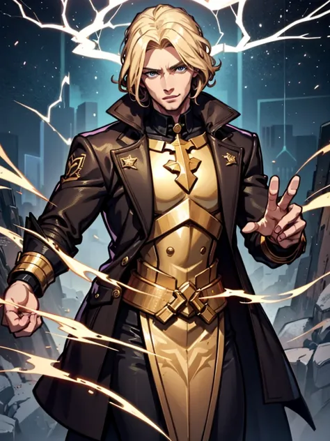 A man，Blonde hair，lightning，Standing，hapiness，agility，Handsome，Cool，Gold coat，domineering，HD